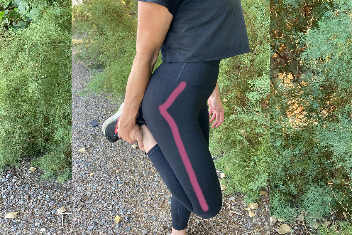 woman shows bad form or position for quad stretch allowing hip to bend so behind sticks out and knee is coming upward disengaging quad muscles pink line shows bent leg 